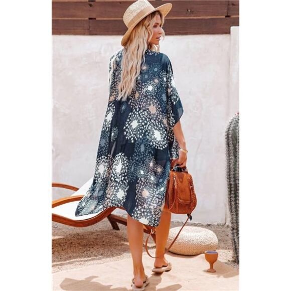 Boho Navy Blue Geometric Printed Cardigan Kimono Duster‎ Bikini Swimsuit Coverup - Picture 3 of 6
